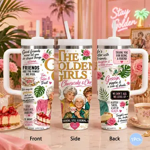 The Golden Girls Vintage Vacuum Flasks 40oz Stainless Steel Tumbler with Handle & Straw, Vacuum Insulated Travel Mug Keeps Drinks Cold Up to 34 Hours, Leak-Resistant Cup for Iced Coffee, Water, Office, Gym or Travel