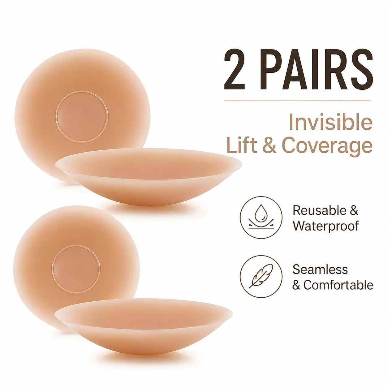 Women's Breast Lift Nipple Covers, 2 Pairs of Soft Silicone Accessories, Reusable & Waterproof for Backless Outfits & Everyday Tops, Push Up, Hand Wash, Natural Look, Lift Wings, Seamless, Clothes, Comfortable