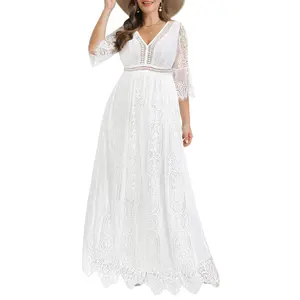 Pinup Fashion Women's Plus Size Boho Maxi Floral Lace Bohemian Wedding Dress V Neck Flowy Long Party Dresses  summervibes