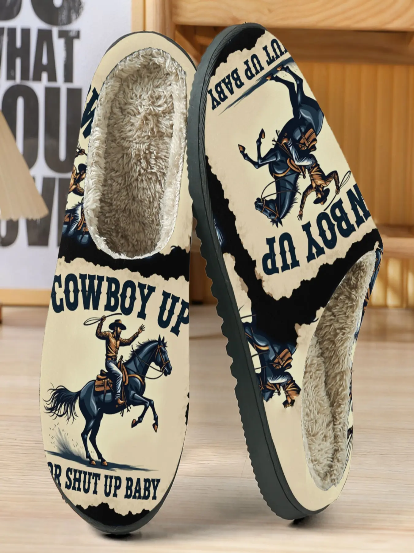 Western Cowboy Cotton Slippers, Fashionable Slippers, Vintage Wild Style, Plush Lining, Casual Home Wear, Horse Riding Illustration, Fall & Winter