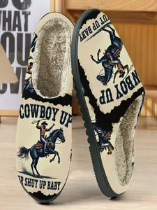 Western Cowboy Cotton Slippers, Vintage Wild Style, Plush Lining, Casual Home Wear, Horse Riding Illustration, Fall & Winter