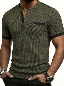 Spring New Men's Casual Fashion Textured Two-Tone Striped Henry Shirt, Short Sleeve, Small Stand Collar, Polyester Fiber