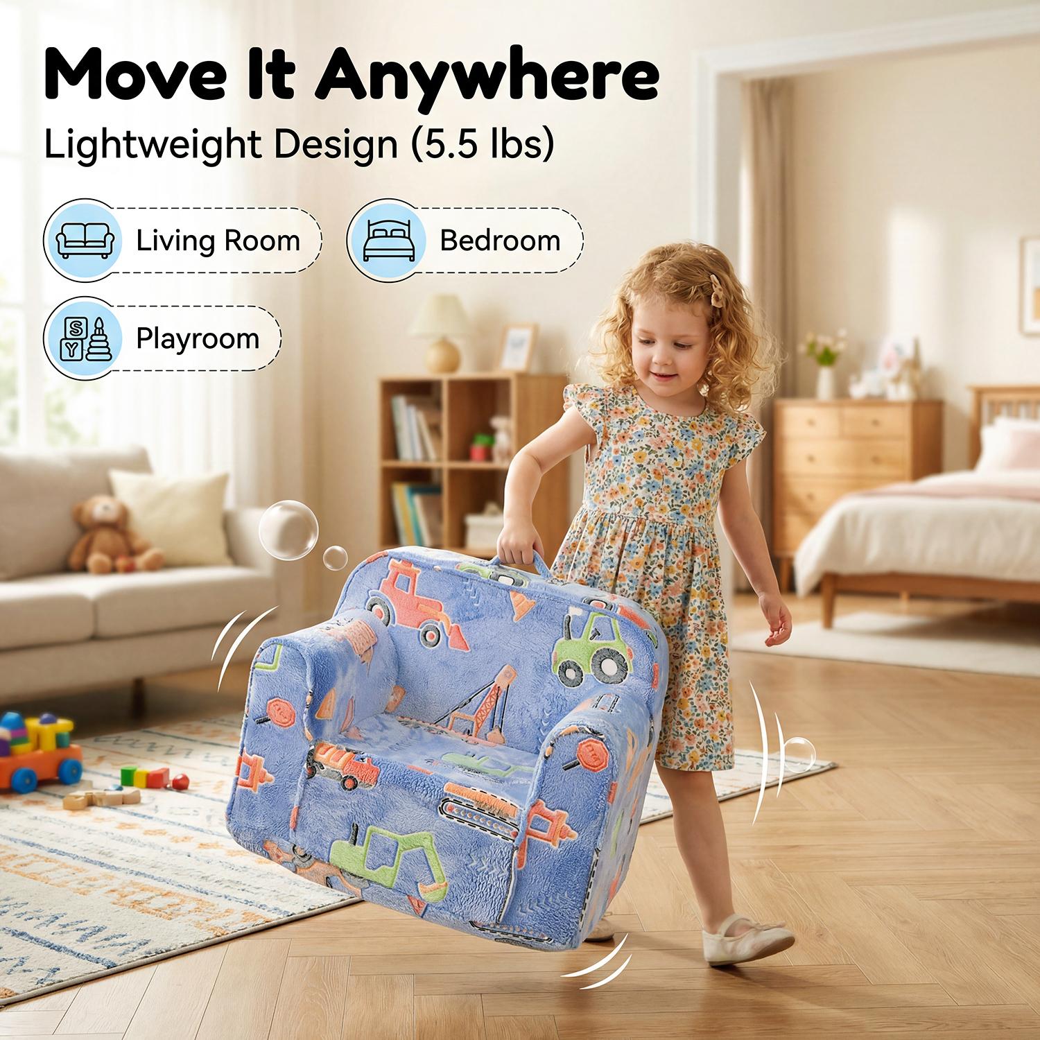 Kids Couch, Comfy 2-6 Years Old,, Toddler Couch Sofa, Kid Sofa  for Boys and Girls Gifts, Kids Recliner, Cartoon pattern of blue engineering vehicle