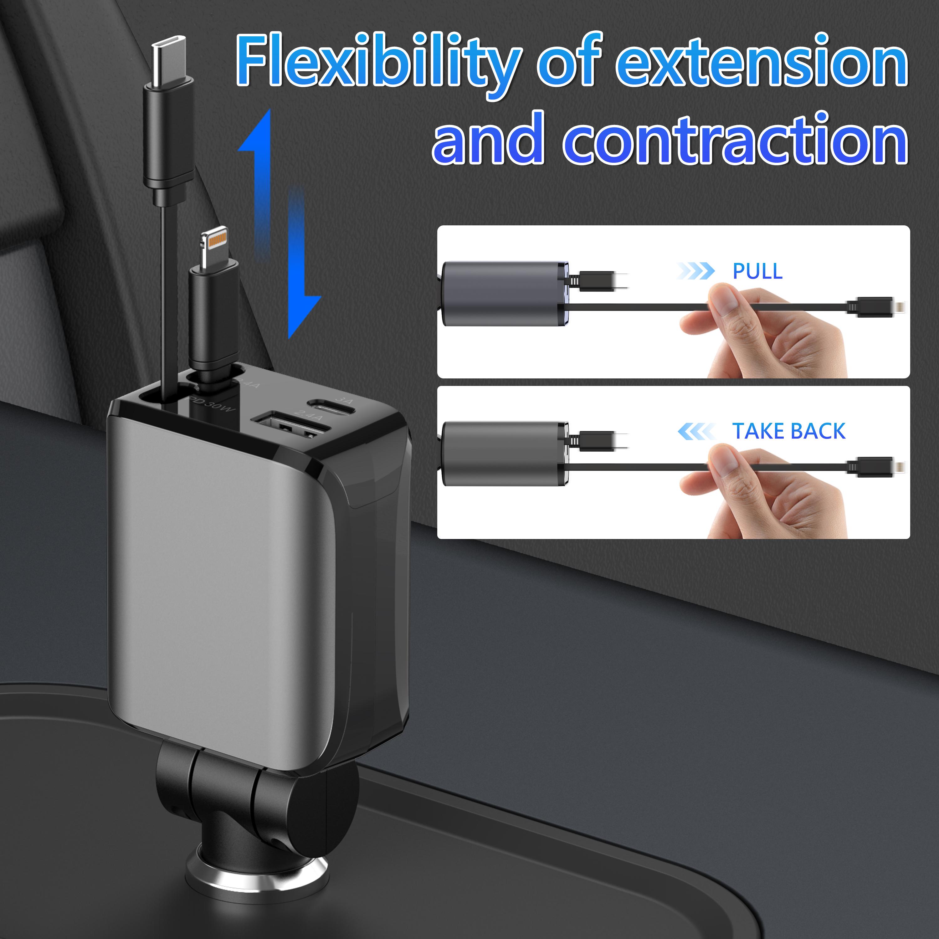 4 in 1 Retractable Car Charger, USB C Fast Charging Adapter with Lightning Cable Compatible with iPhone 16/15/14/13 Pro Max Plus, Samsung S23/S22/S10