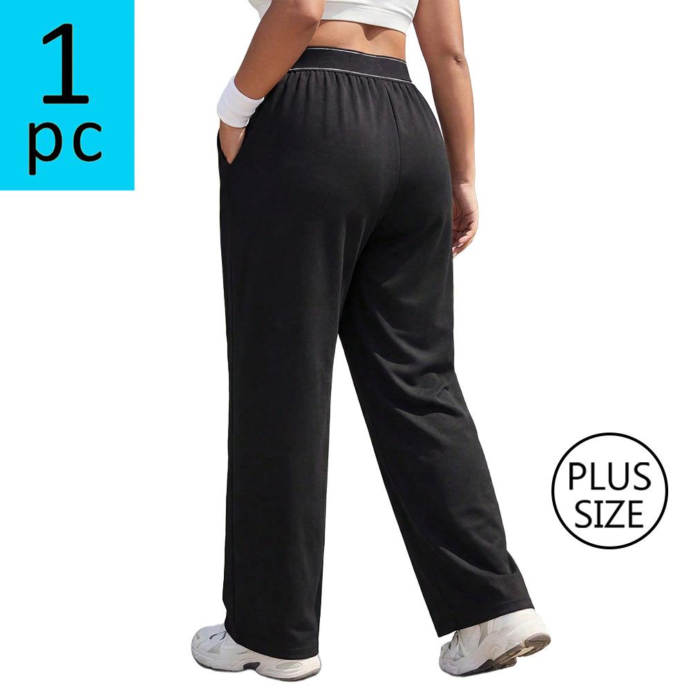 Plus-size women’s athletic casual pants with an elastic waistband and straight legs; solid color, versatile running/fitness/jogging pants; plus-size black straight-leg pants; medium stretch woven fabric; suitable for everyday wear and as a holiday gift.