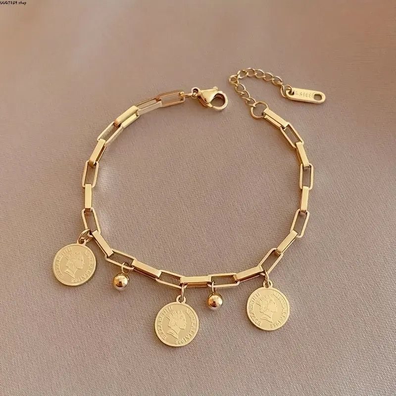 Women's Gold Plated Queen Elizabeth Coin Charm Bracelet, Dainty Paperclip Chain, Minimalist Adjustable Everyday Jewelry