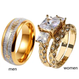 Ringcrown Couple Rings Matching Rings Princess Cut Three Stone 1.5ct CZ Yellow Gold Plated 2pcs Women Wedding Ring Sets For Him And Her Ring Sets Men Titanium Steel Wedding Band
