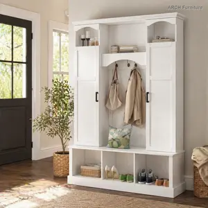 ARCH ON-TREND Modern All-in-One Hall Tree with Adjustable Shelves, Classic Arched Farmhouse Storage Bench with Dual Side Cabinets, Elegant Entryway Organizer with 7 Hooks for Mudroom, Hallway, White, Entryway Decor, Home Items, Arched Top, Mdf Constructio