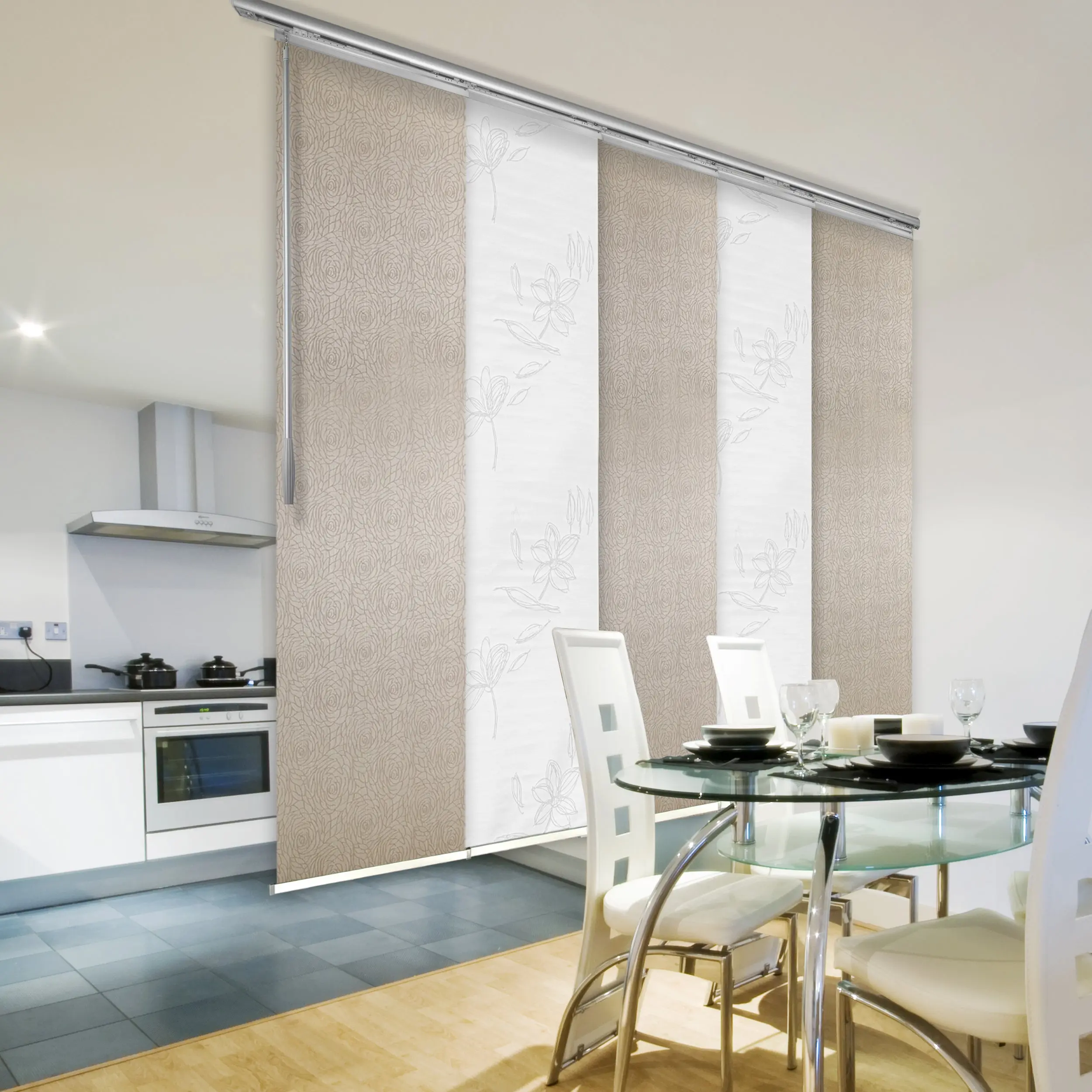 5-Panel Single Rail Panel Track Blind Extendable 58"-110"W x 91.4"H, Panel width 23.5", Lotus, Iris