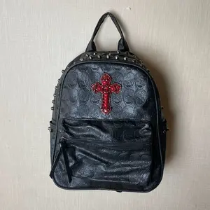 Punk Red Rhinestone Metal Rivet Mini Backpack - 3D Cross Skull Embossed, Retro Gothic Y2K Alt Streetwear Bag for Daily School Use