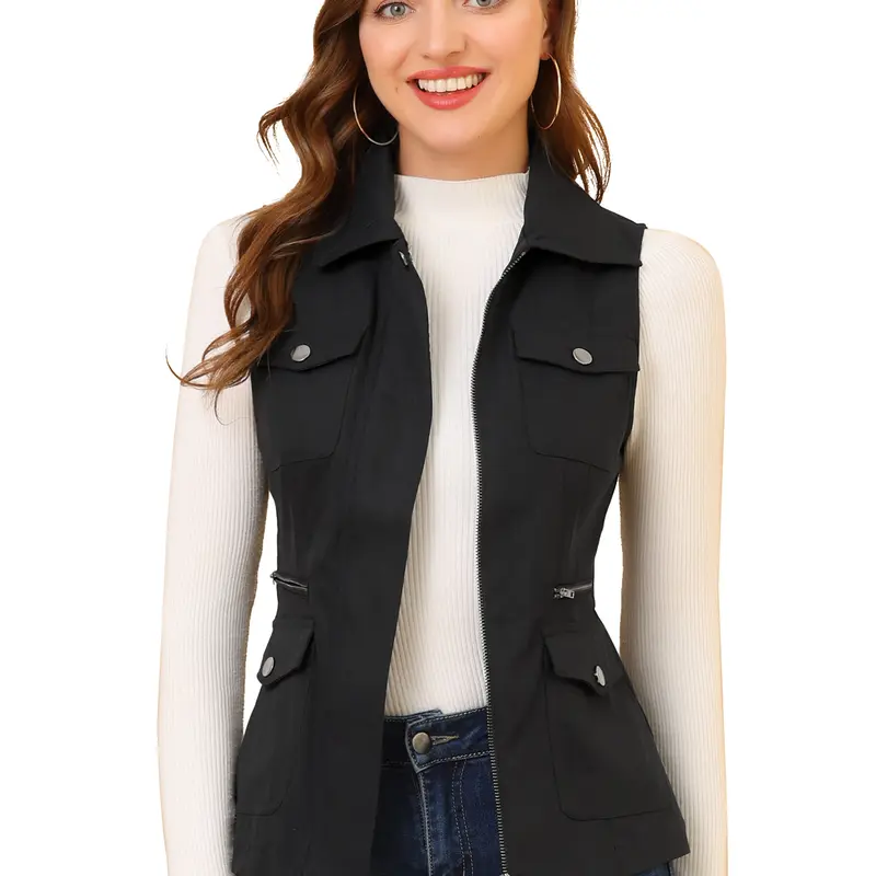 INSPIRE CHIC Zip Up Jacket with Pockets Sleeveless Cargo Utility Vest