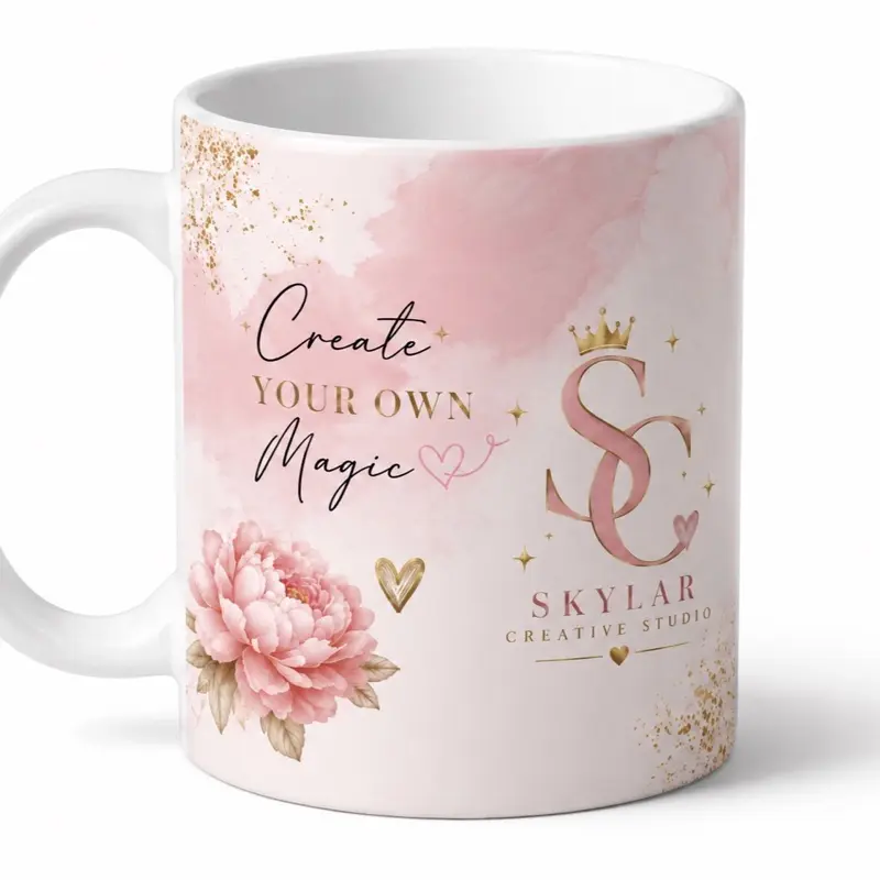 Personalized Pink Floral 11 oz Ceramic Coffee Mug, Custom Name Option