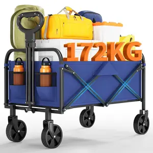 Heavy Duty Collapsible Wagon Cart, 380Lb Capacity Foldable Utility Wagon with 5" All-Terrain Wheels & Drink Holders for Grocery Shopping, Blue