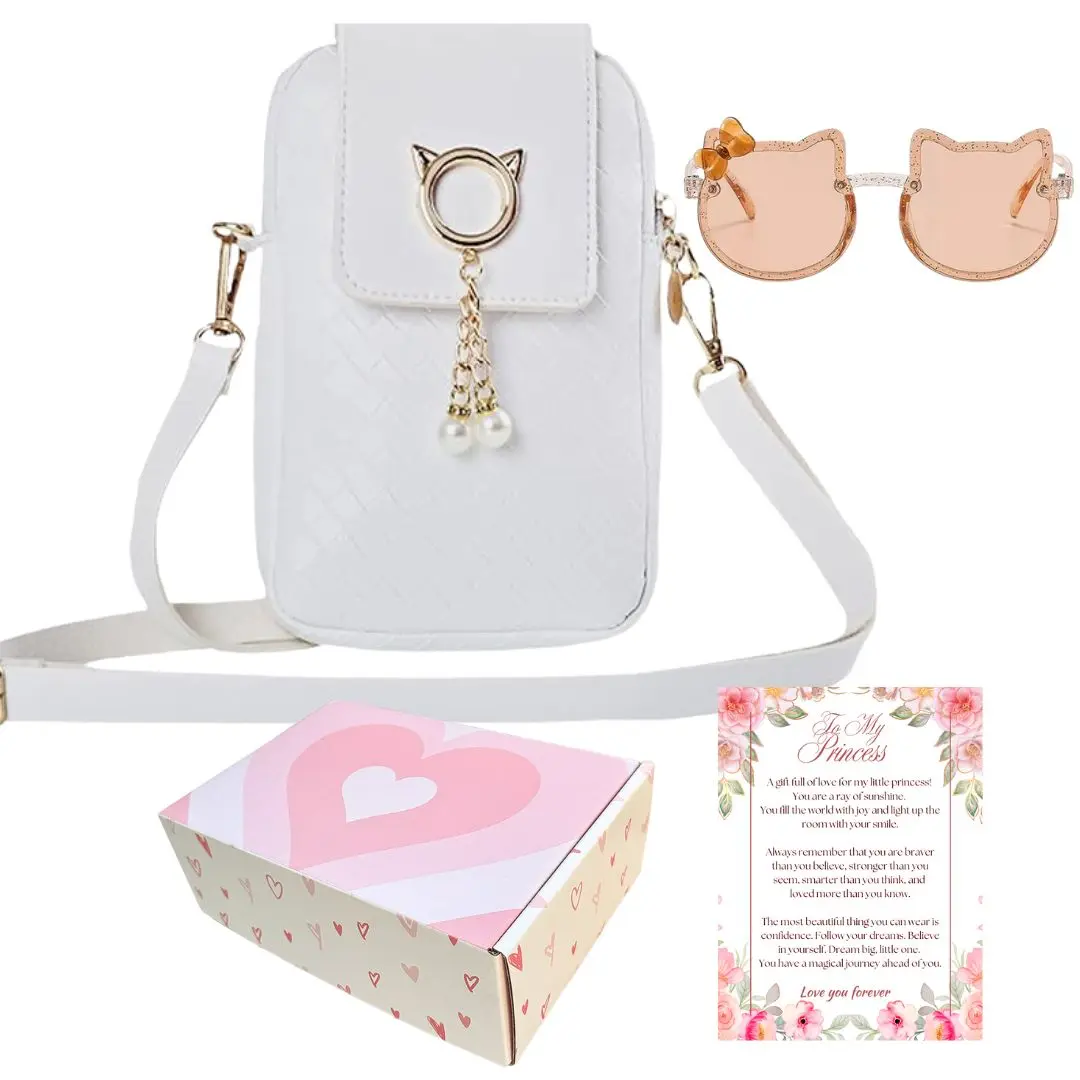 Cat Design Purse For Girls 2-4 with Cat Shaped Sunglasses & Gift Box | Toddler Girl Crossbody Bag