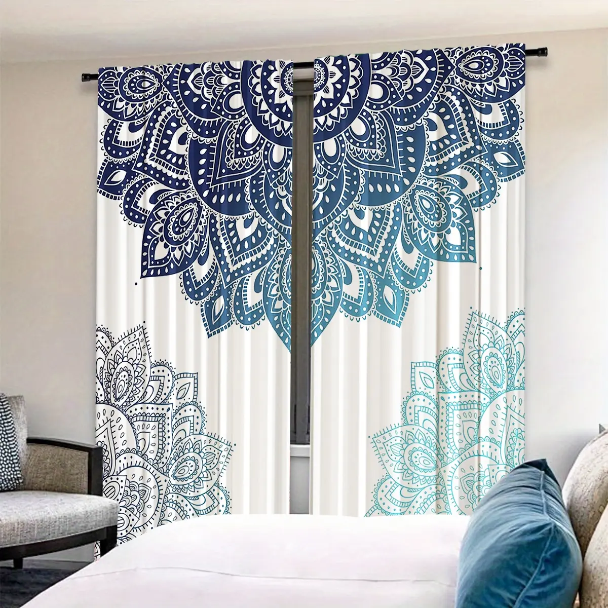 Boho Style Blue Mandala Print Curtains Set, 2 Pieces Living Room Bedroom Decor, Artistic Atmosphere Enhancer