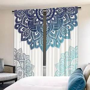 Boho Style Blue Mandala Print Curtains Set, 2 Pieces Living Room Bedroom Decor, Artistic Atmosphere Enhancer