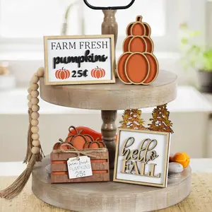 Fall Decor, 5PCS Fall Decorations for Home, Hello Sign, Stacked Pumpkin, Farm Fresh, Pumpkin Crate, Bead Garland, Rustic Tiered Tray Decor