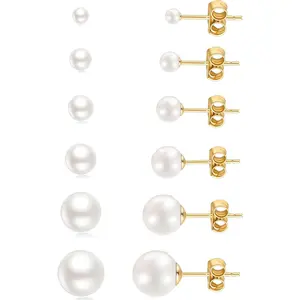 14K Gold Filled Polished Small CZ Pearl Ball Stud Earrings Set for Women Men 20G Surgical Steel Hypoallergenic Piercing Studs for Sensitive Ear, Pack of 6 Pairs