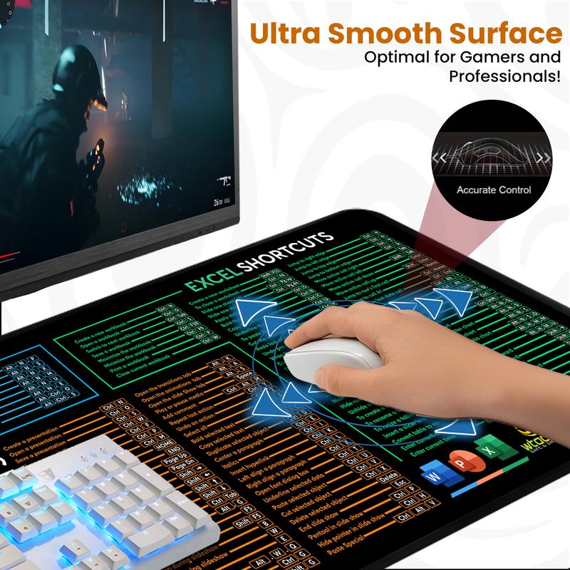 Word/PPT/Excel Shortcuts Mouse Pad - Extended XL Office Keyboard Mat, Excel Mouse Pad Shortcuts, Stitched Edges | Non-Slip Base excel Cheat Sheet Desk Pad (31.5x11.8) Inch