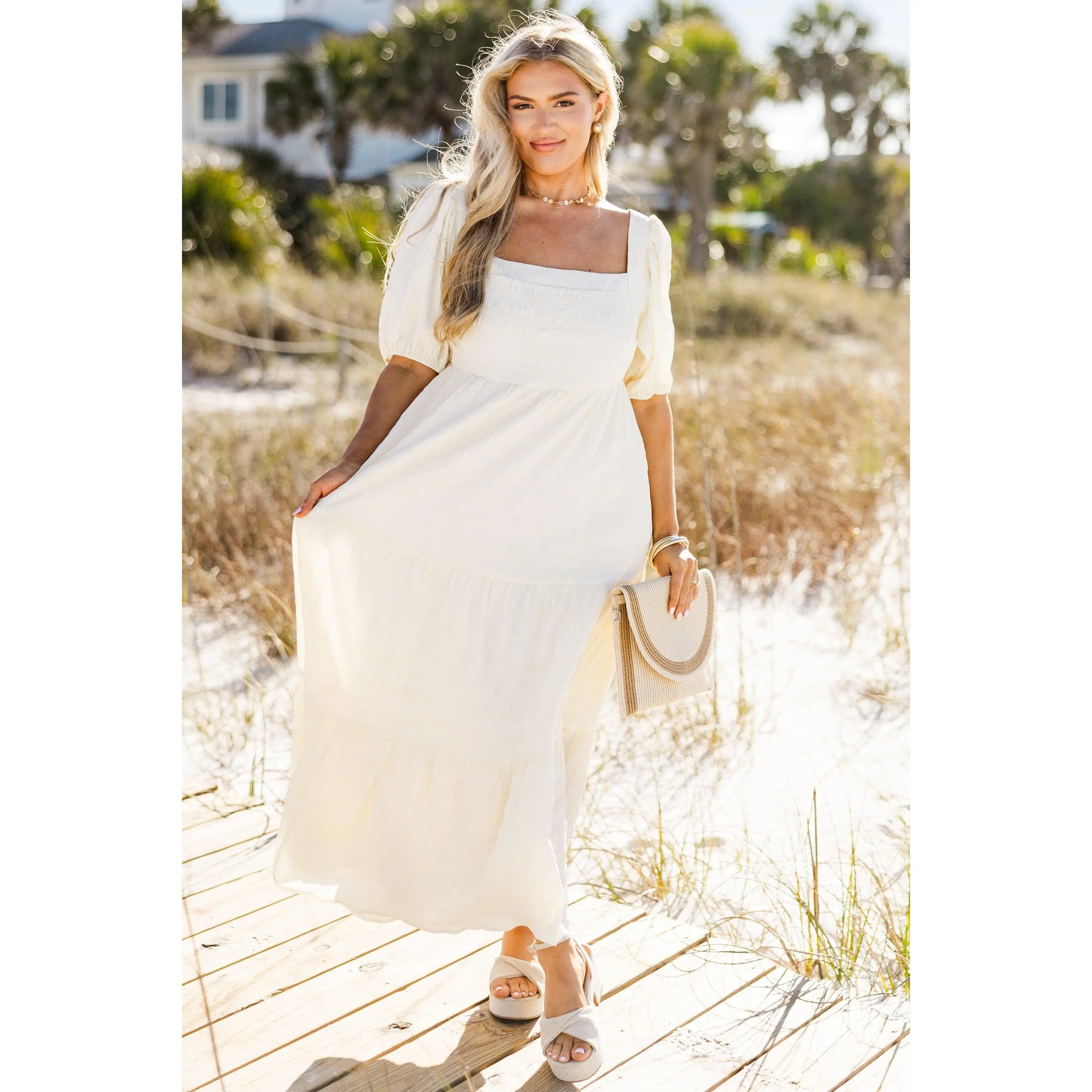 Women's Casual Cream Let's Get Away Dress - Spandex, Minimalist, Shortsleeve, Feminine, Basic Style