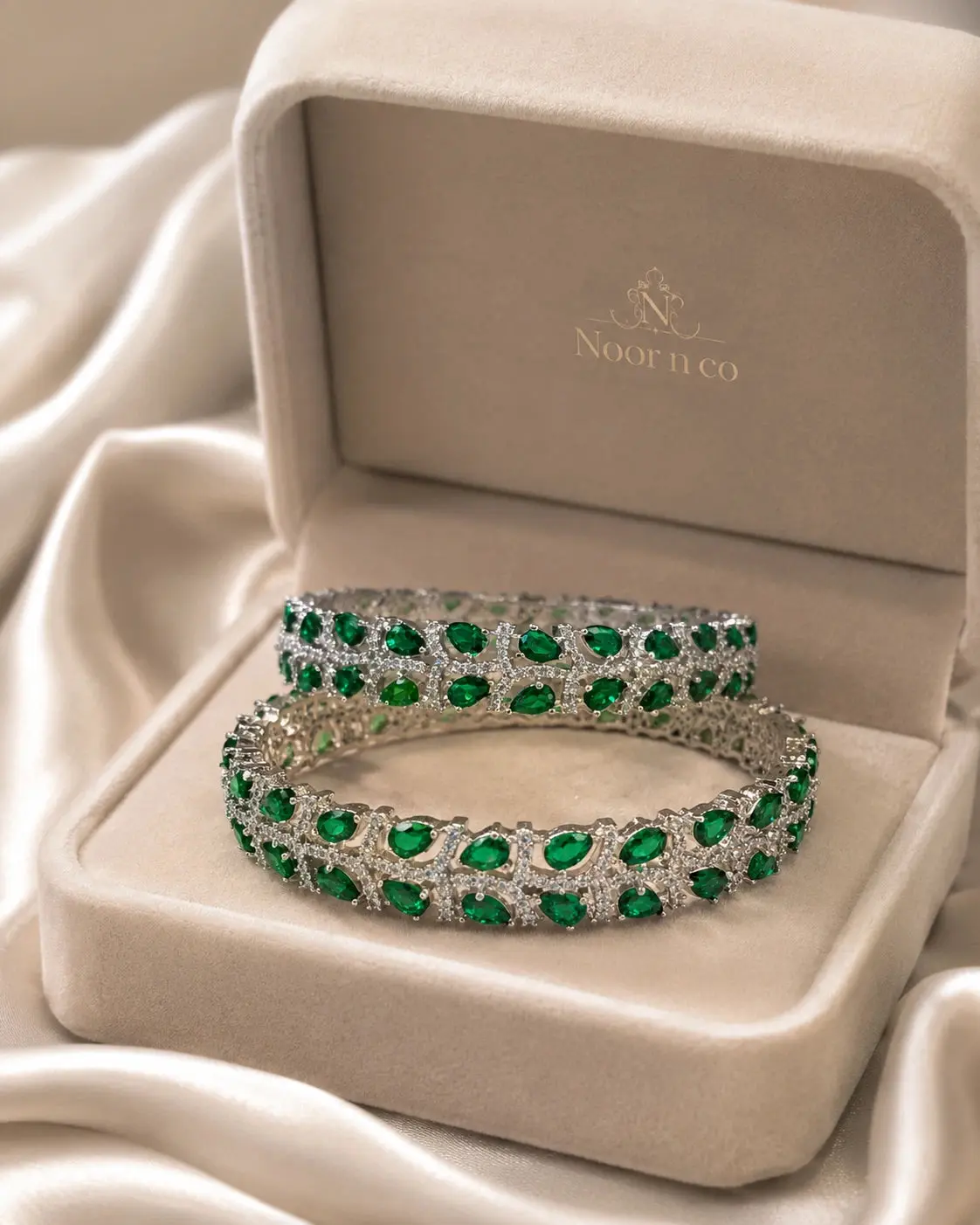 Emerald Green CZ Bangle Set of 2 for Women, Silver Tone Teardrop Stone Bridal Bangles, Pakistani Indian Wedding Mehndi Eid Jewelry