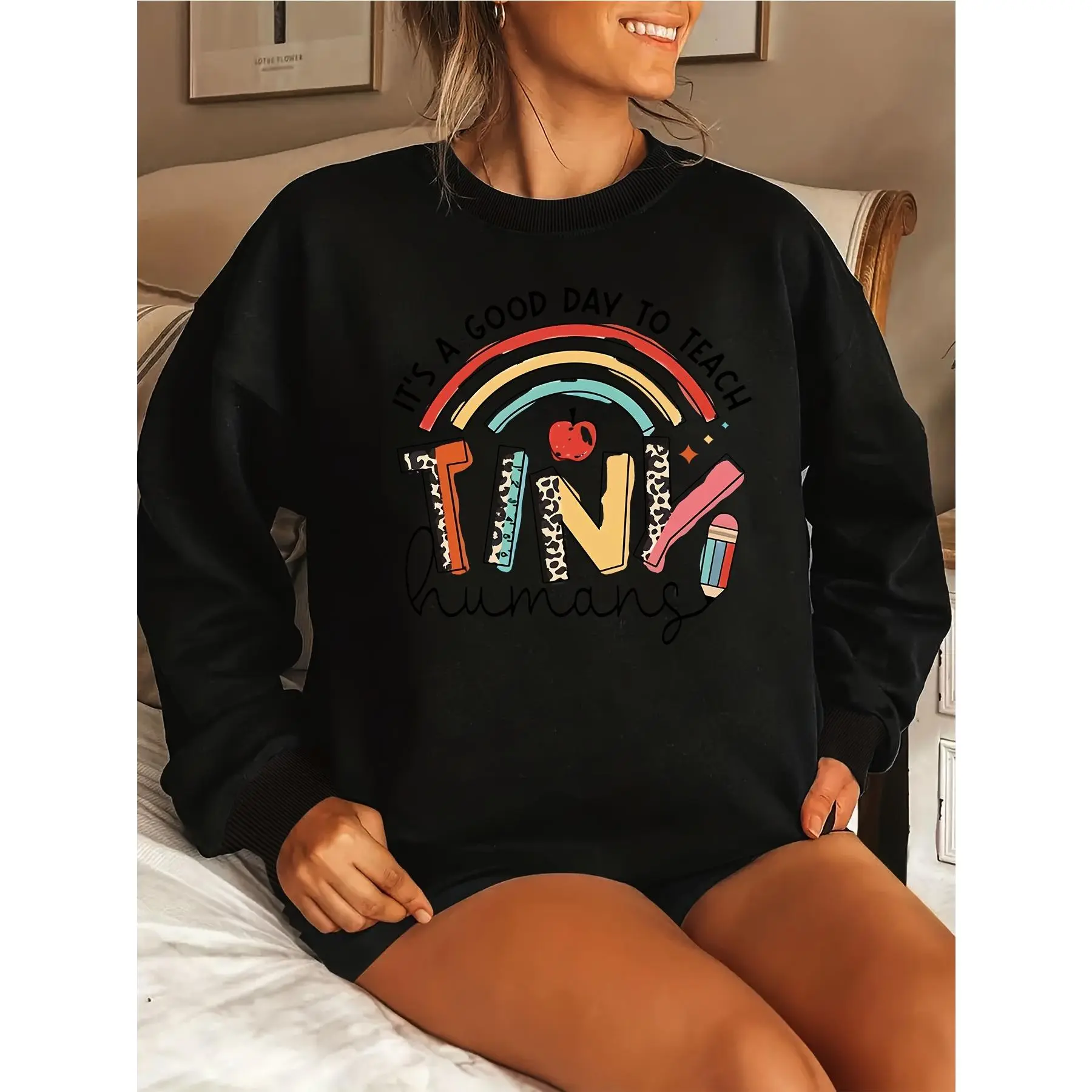 Plus Size - Plus Size Women'S Casual Crew Neck Sweatshirt - "It'S a Good Day to Teach Tini Humans" Rainbow & Rainbow Heart Design, Soft Long Sleeve Pullover for Spring & Fall, Casual Wear | Playful Graphic Sweatshirt | Comfortable Fit, Cute Sweatshirts