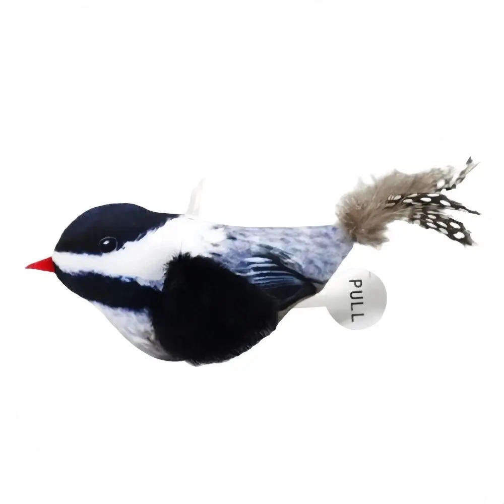 Interactive Blue and White Bird-Shaped Cat Toy—a lifelike bird toy featuring realistic bird chirps and made of soft plush material, perfect as an indoor educational and entertaining toy for kittens backtoschool