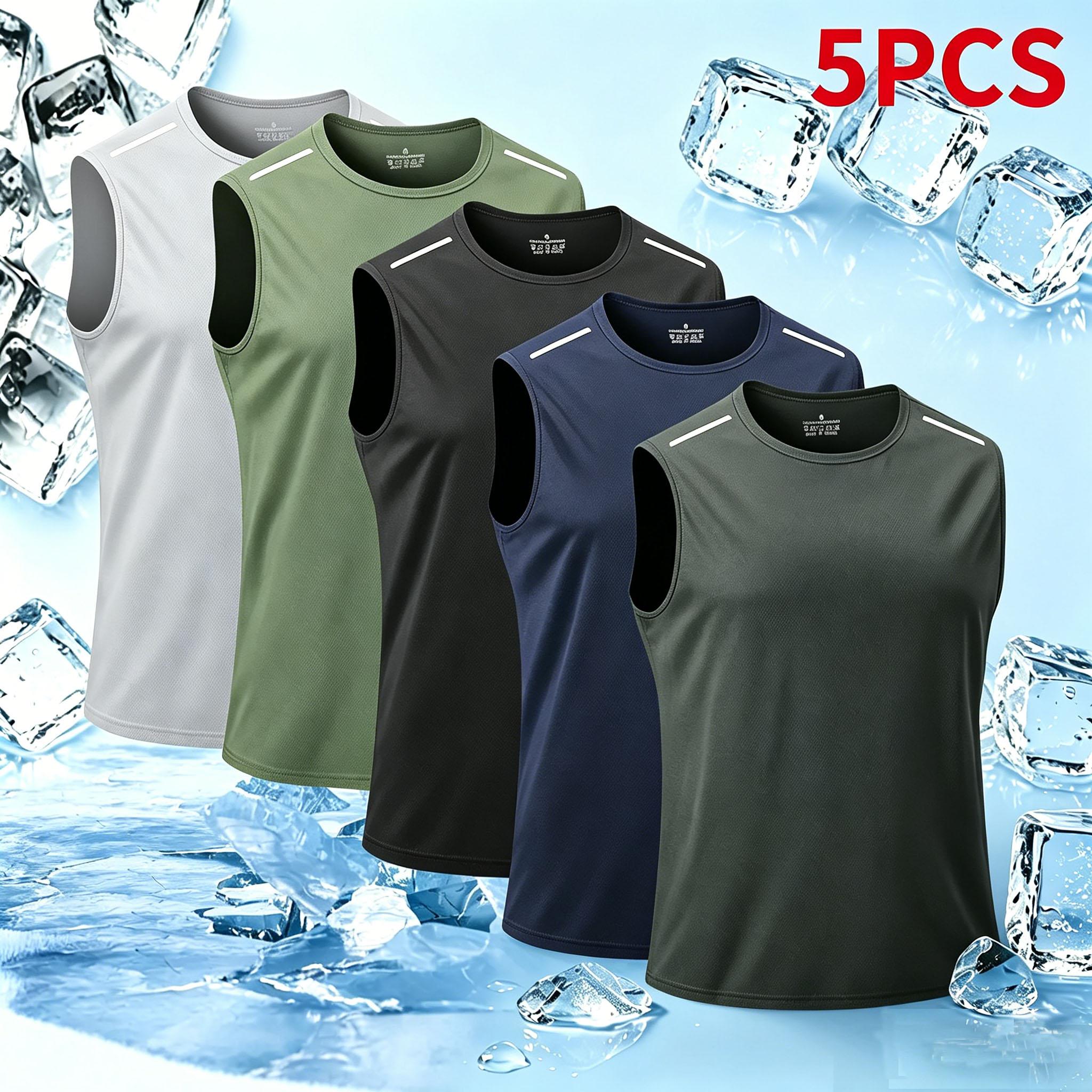 Set of 5 men’s sleeveless tank tops — fitness, running, casual athletic tops with a crew neck and striped design, stylish