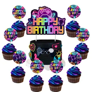 1Set Video Game Cake Cupcake Toppers Level Up Video Game Party Decorations Happy Birthday Cake Cupcake Toppers for Game Theme Kids Birthday Party Supplies