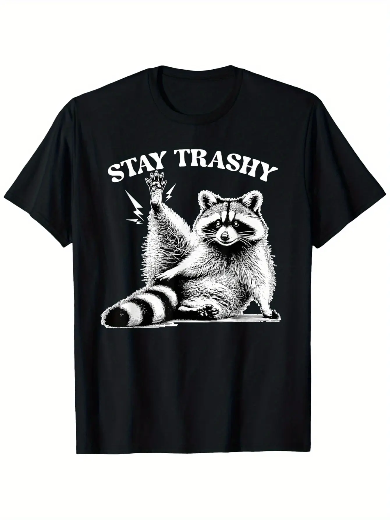 Stay Trashy Raccoon Graphic T-Shirt for Men & Women - Funny Black Cotton Tee with White Raccoon Design, Comfortable Short Sleeve Summer Shirt, Casual Round Neck Meme Apparel, Summer Casual Wear