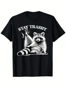 Stay Trashy Raccoon Graphic T-Shirt for Men & Women - Funny Black Cotton Tee with White Raccoon Design, Comfortable Short Sleeve Summer Shirt, Casual Round Neck Meme Apparel, Summer Casual Wear