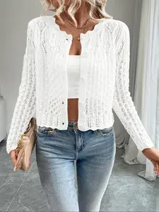 Women's Lightweight Long Sleeve Lace Open Front Button Cardigan, Eye-Catching Embroidery, Breathable Knit Fabric Knitwear, Casual Wear for All Seasons Womenswear