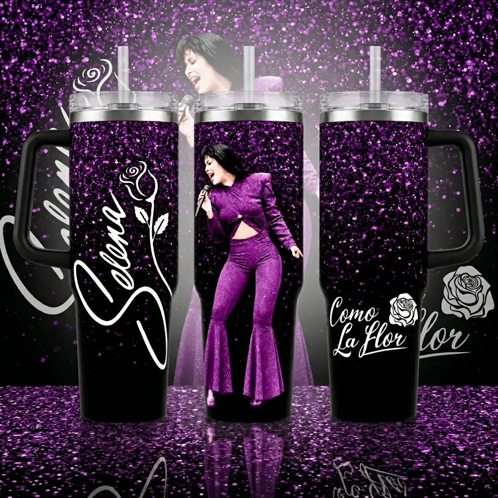 Selena Como La Flor Tumbler 30oz 40oz, Purple Glitter Latina Music Fan Cup With Singer Graphic Rose Signature Artwork And Travel Drinkware With Handle, Not Including The Straw Water Bottles Bottle