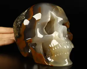Lifesized Geode 6.1" Premium Brazilian Agate Carved Crystal skull,Super Realistic, Crystal Healing