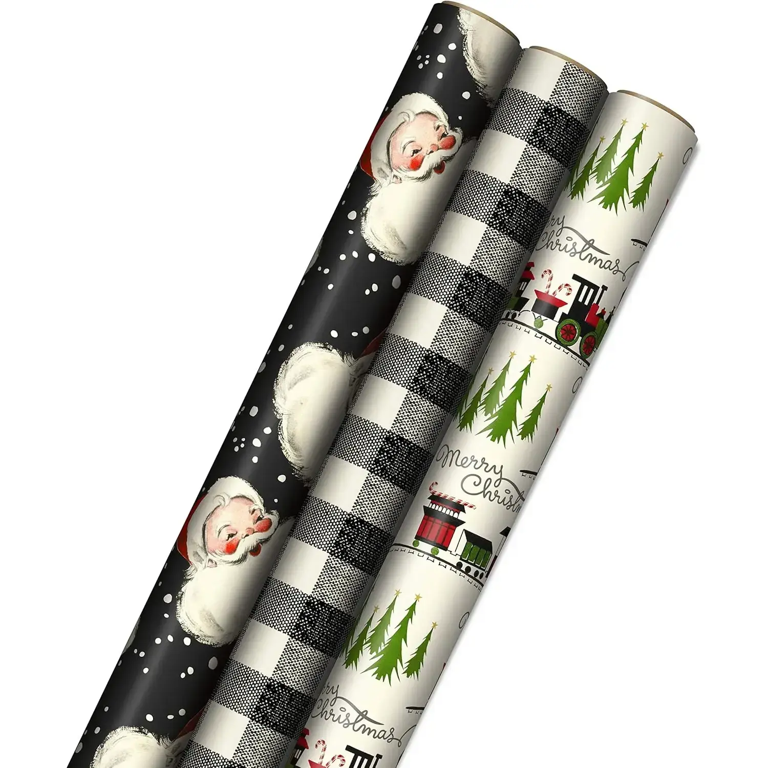 Black Christmas Wrapping Paper with Cut Lines on Reverse (3 Rolls: 120 sq. ft. ttl) Retro Santa, Black and White Buffalo Plaid, Train and Trees (0005JXW1077), 16 Feet Long