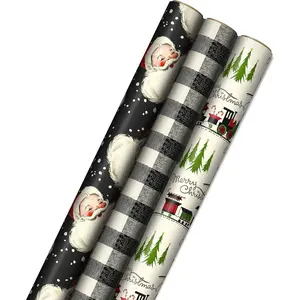 Black Christmas Wrapping Paper with Cut Lines on Reverse (3 Rolls: 120 sq. ft. ttl) Retro Santa, Black and White Buffalo Plaid, Train and Trees (0005JXW1077)