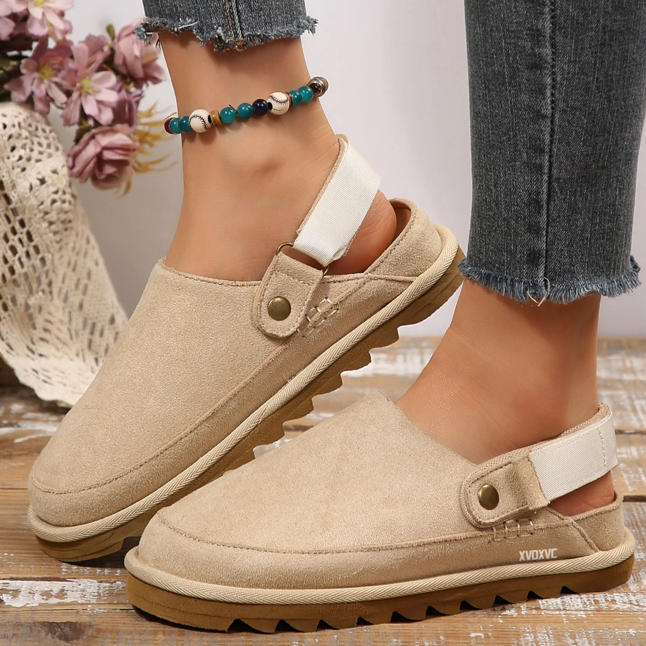 Women's Suede Clog Sandals Adjustable Ankle Strap Thick Non-Slip Sole Indoor Outdoor Shoes Stylish Casual Daily Footwear