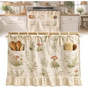 Kitchen Cooking Apron with Pockets, Multi-Functional Stove Cover, Dishwasher Curtain, Farmhouse Plant Print, Oven & Microwave Storage, Spring Door Curtains