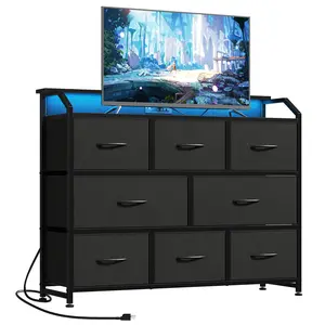 8 Fabric Drawers Dresser with Power Outlets LED Light, Multifunctional TV Stand Storage Cabinet for Bedroom, Living Room, Office, Hallway