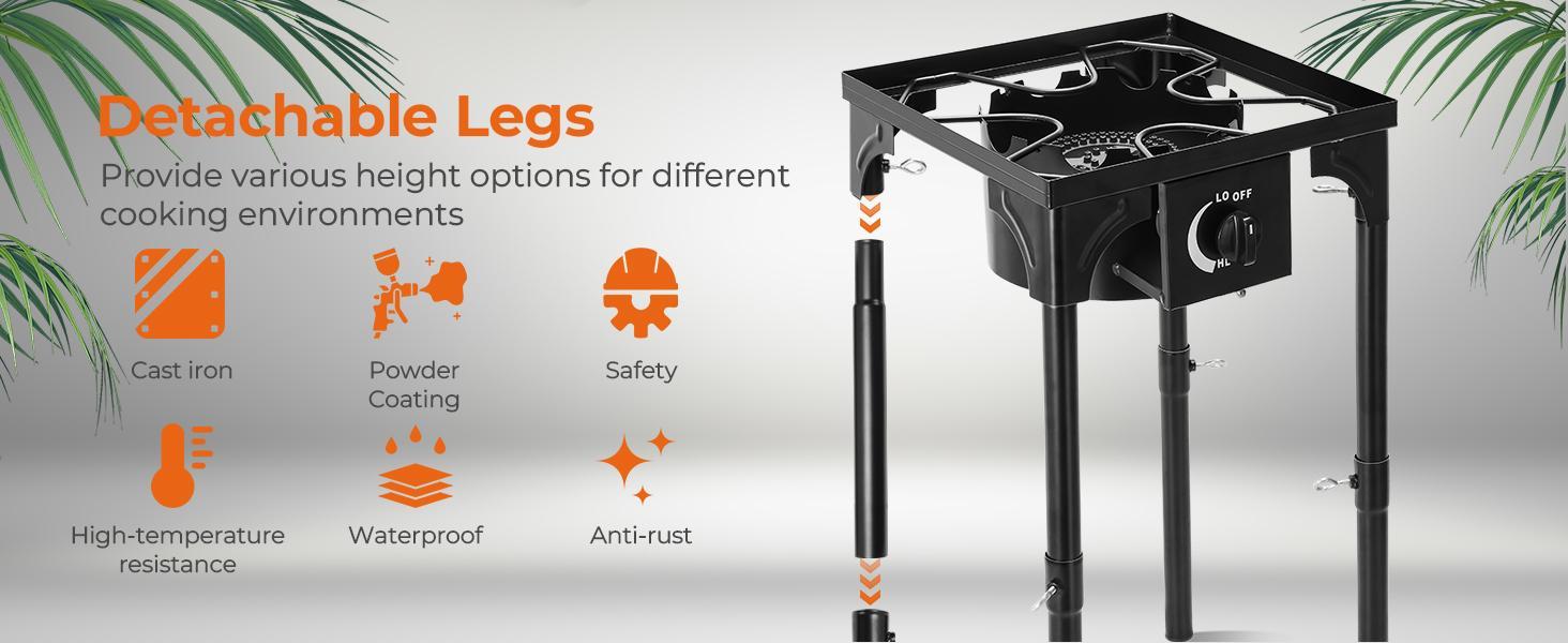 GEEKHOM Propane 3 Burner Camp Stove Outdoor High Pressure Propane 2 Burner Adjustable PSI Regulator and Steel Braided Hose With Removable Legs