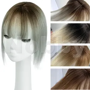 New Fashion Women's Clip-In Human Hair Topper with Brown/Black Ombre Roots - Two-Clip Attachment (No Glue Needed), Natural Looking Air Bangs, Straight Hairstyle for Halloween, Parties, Everyday - Adds Volume & Dimension - Compatible with All Hair Types (B