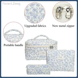 Vanity makeup bag Large Makeup Bag, Cute Quilted Makeup Bag for Women, Travel Cotton Make Up Organizer Bag, Floral Coquette Aesthetic Toiletry Bag, Gift For Daughter, Preppy Things For Girls