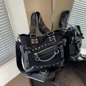 Women's Y2K Punk-Inspired Large Capacity Tote Bag - Nylon, Adjustable Strap, Rivet Accents, Multiple Pockets |         Perfect for Outdoor & Daily Use, Going Out Essentials