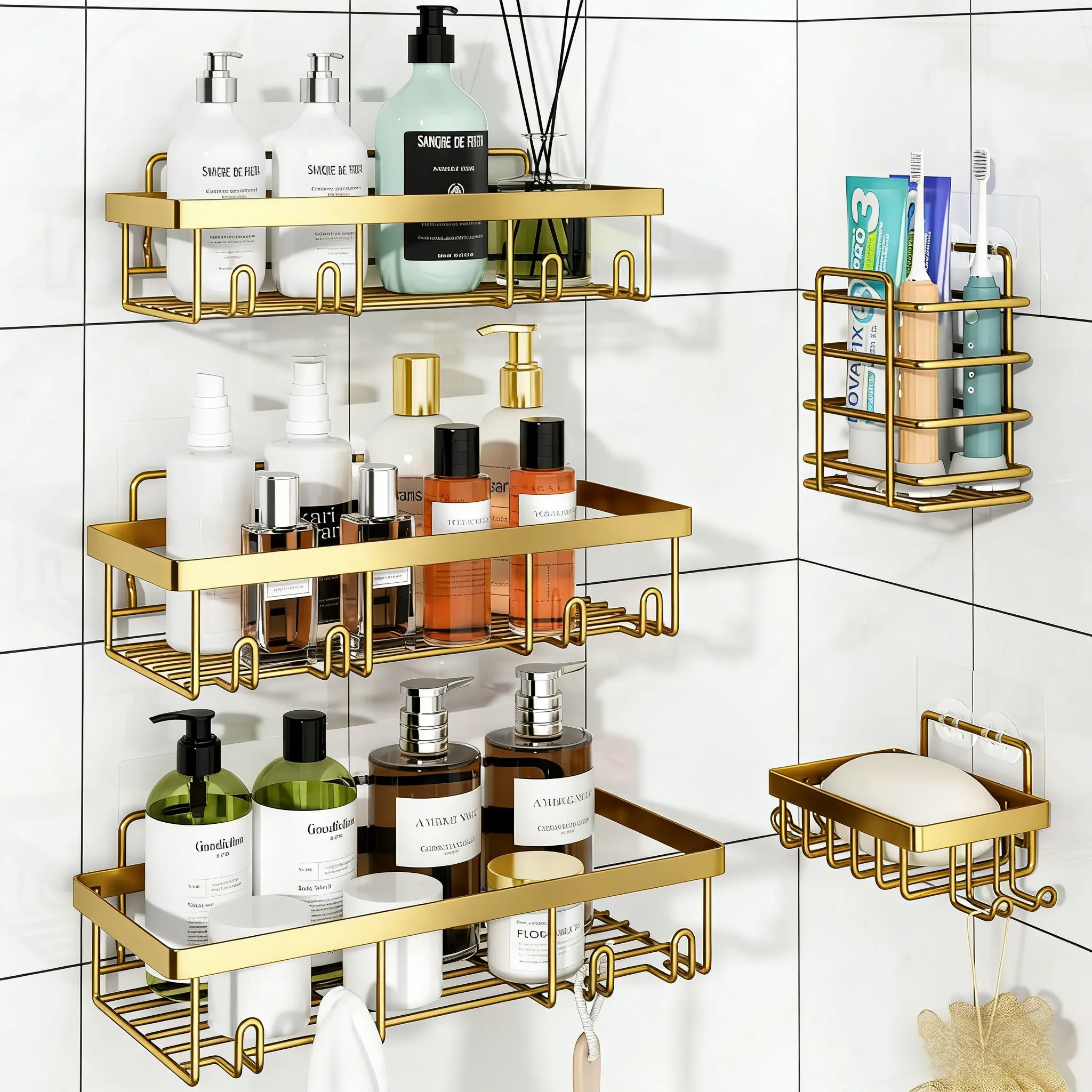5-Piece Rust-Resist Finish Bathroom Accessories Organizer - Self-Adhesive No-Drilling Stainless Steel Set with Shampoo Basket, Body Wash Holder, Showerhead Mount, Pink Basket Styling, 2026 Model Functional Bathroom Decor (Easy Installation), Rustresist Fi