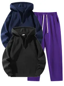 Men's Solid Half Zip Hoodie & Pants Set, Casual Regular Fit Long Sleeve Hooded Sweatshirt & Straight Leg Pants, Men's Fall & Winter Clothes,Airport Outfit