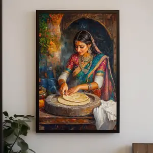 Indian Kitchen Wall Art Print, Traditional Woman Making Roti Painting, Cultural India Kitchen Decor Poster, Unique South Asian Artwork For Living Room, Dining Room, Or Rustic Home Decor