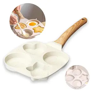 4-Hole Non-Stick Frying Pan Star Heart Shape with Wooden Handle Anti-Scald Easy to Clean Fits All Stoves Great for Eggs & Toast Kitchen Gadget Birthday & Halloween Gift Idea Cookware machine