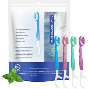 26 Pack 5-in-1 Disposable Mini Travel Toothbrushes 5-in-1 Oral Care Kit with Toothpaste Pre-Pasted Toothbrush, Toothfloss, Toothpick & Tongue Scraper Individually Wrapped Compact Travel Toothbrush Set No Rinsing Needed for Work Travel