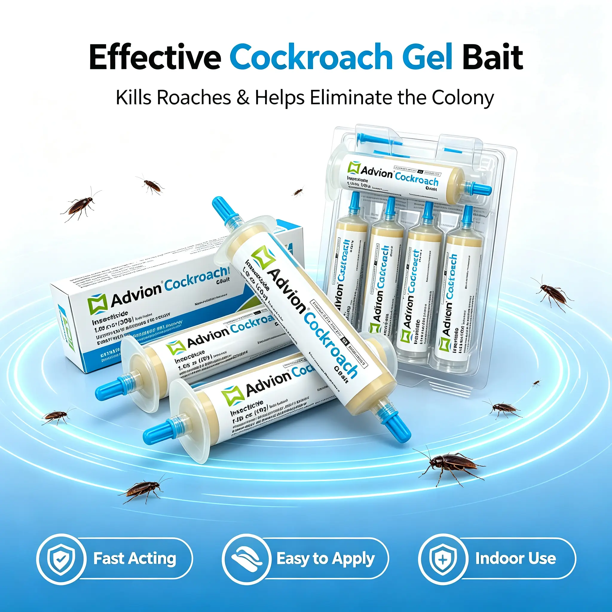 Advion Cockroach Gel Bait, 4 Tubes x 30-Grams, 4 Plunger and 4 Tips, German Roach Insect Pest Control, Indoor and Outdoor Use, Roach Killer Gel for American, German and Other Major Cockroach Species
