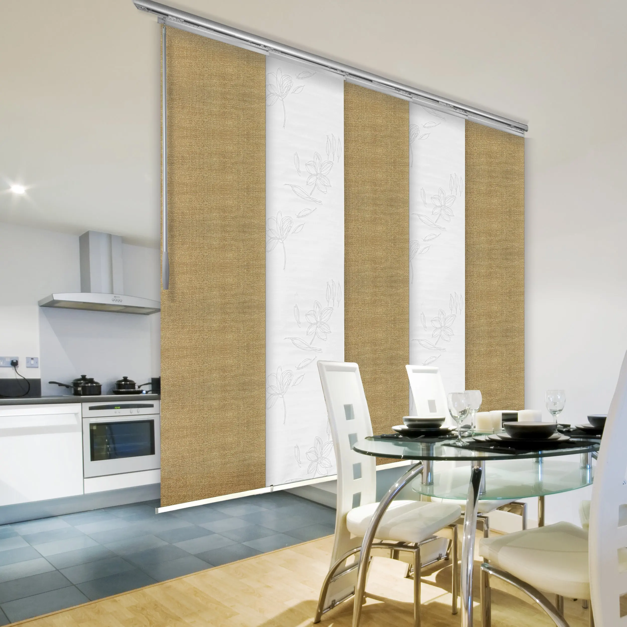 5-Panel Single Rail Panel Track Blind Extendable 58"-110"W x 91.4"H, Panel width 23.5", Lotus, Canary